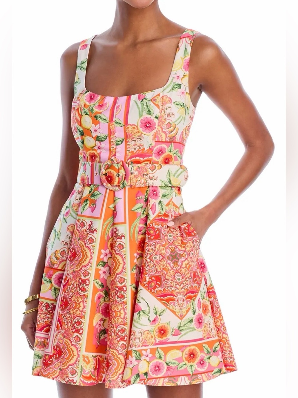 Aqua Pink & Orange Floral Belted Mini Dress